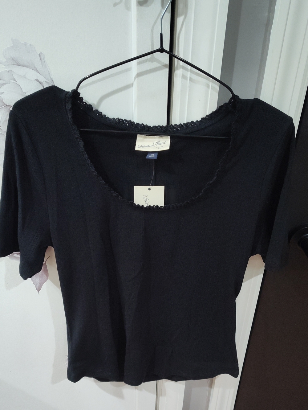Universal Thread Black Lace-Edge Scoop Neck Tee
